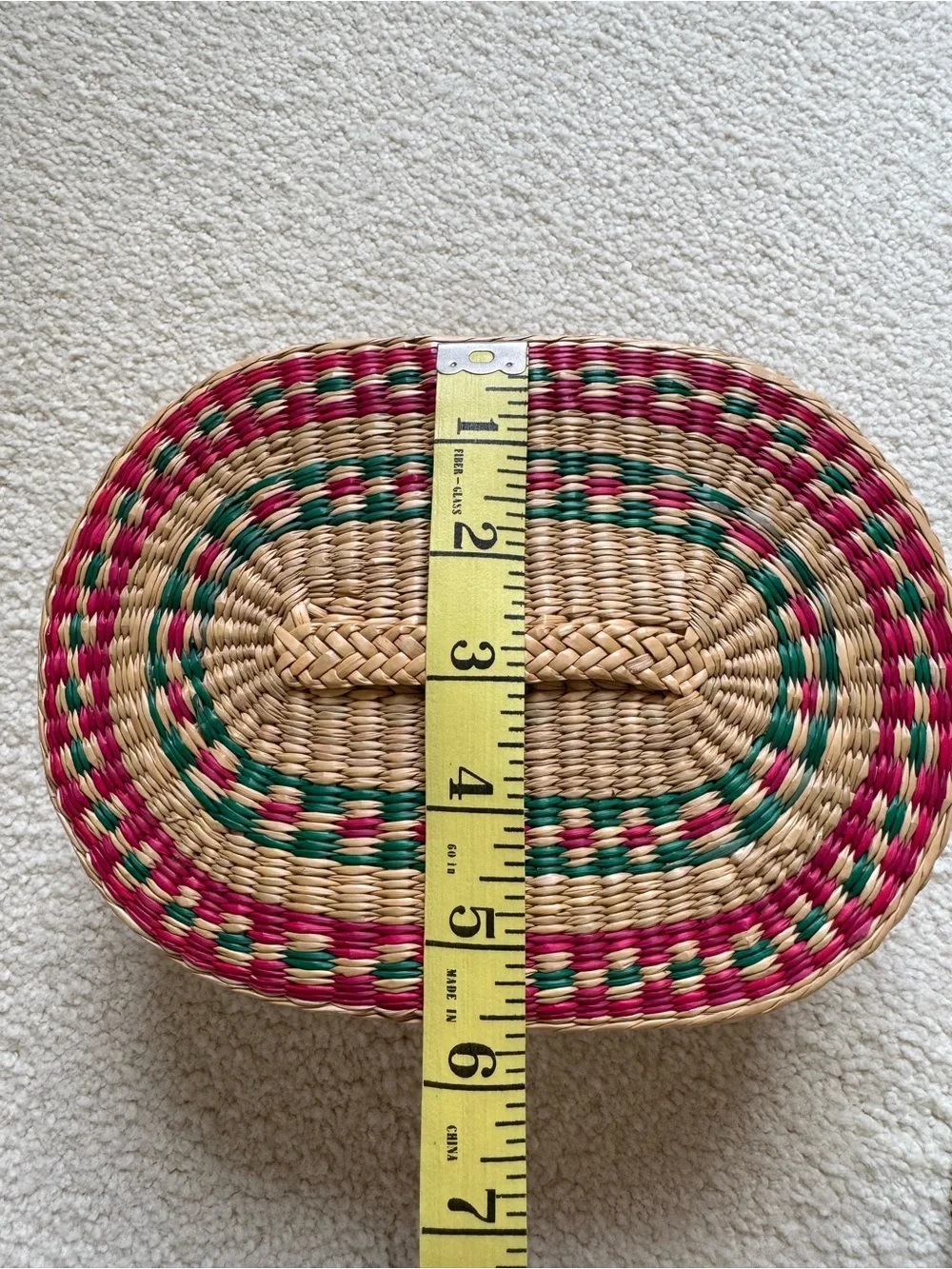 Handwoven Natural Straw Basket with Pink & Green Accents